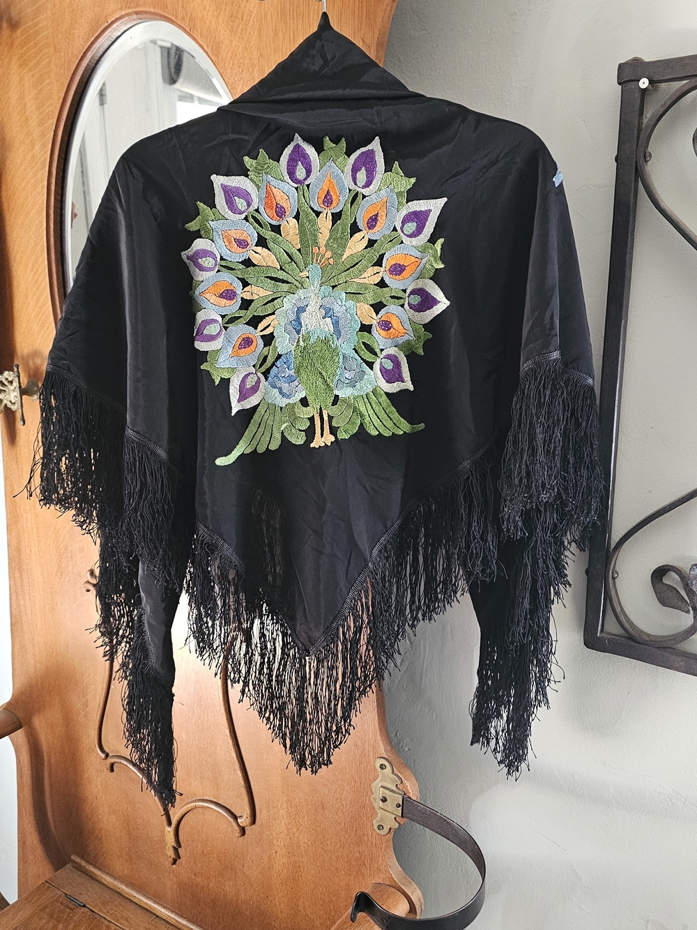 Vintage Style Black Embroidered Peacock Piano Shawl Long Fringe 40" Square